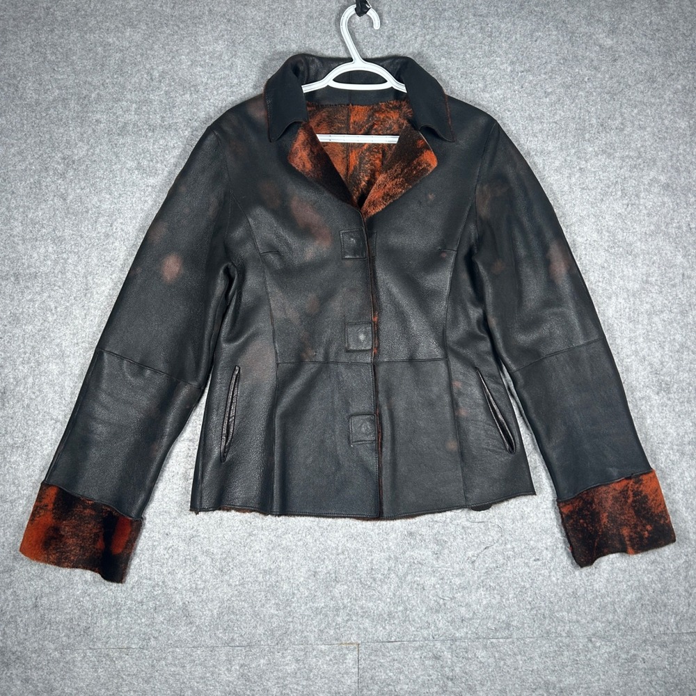 Via Veneto Shearling Jacket Womens Medium Black Orange Spanish Lamb Fur Coat
